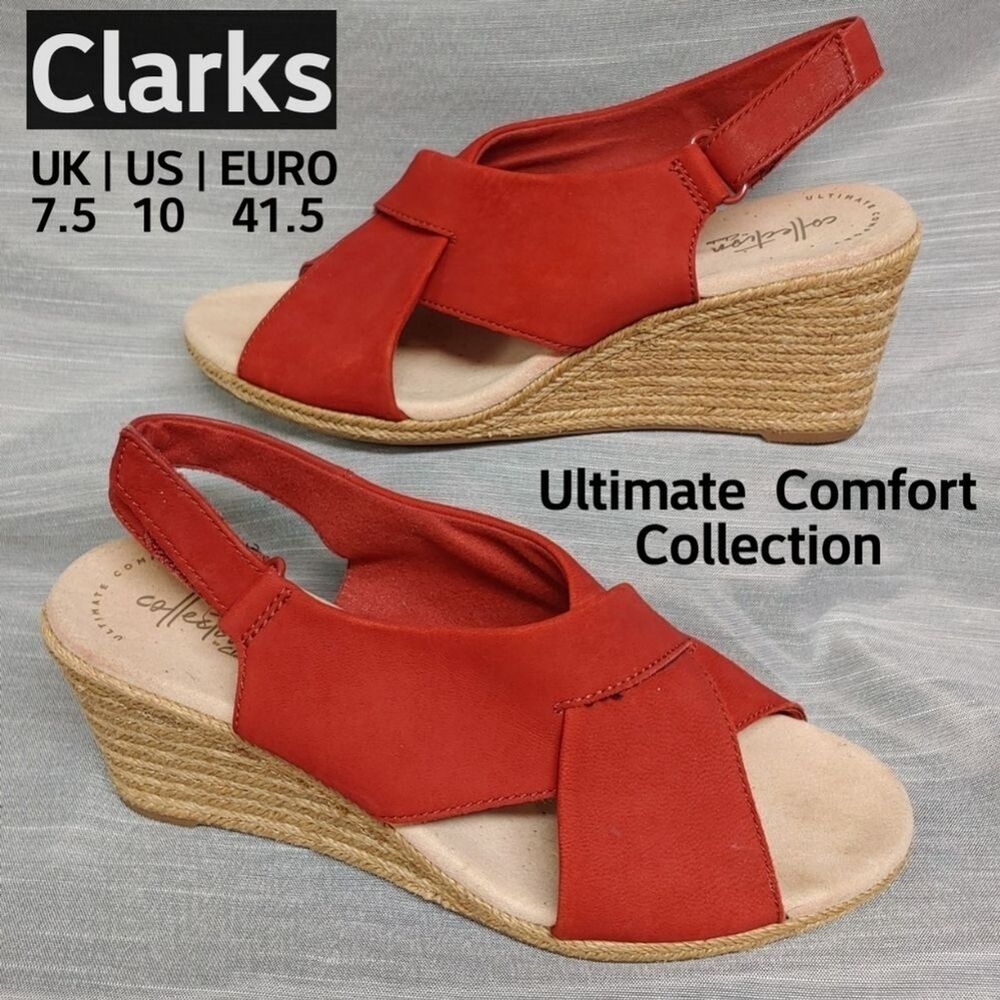 Clarks Shoes Red Espadrilles Wedges Womens 10 Lafely Alaine Open Toe Slingback